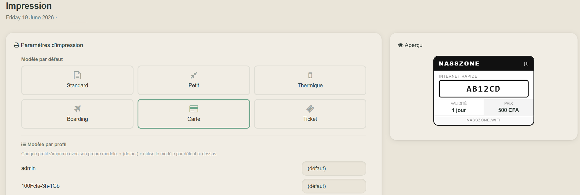 Modèles d'impression de tickets, un par profil
